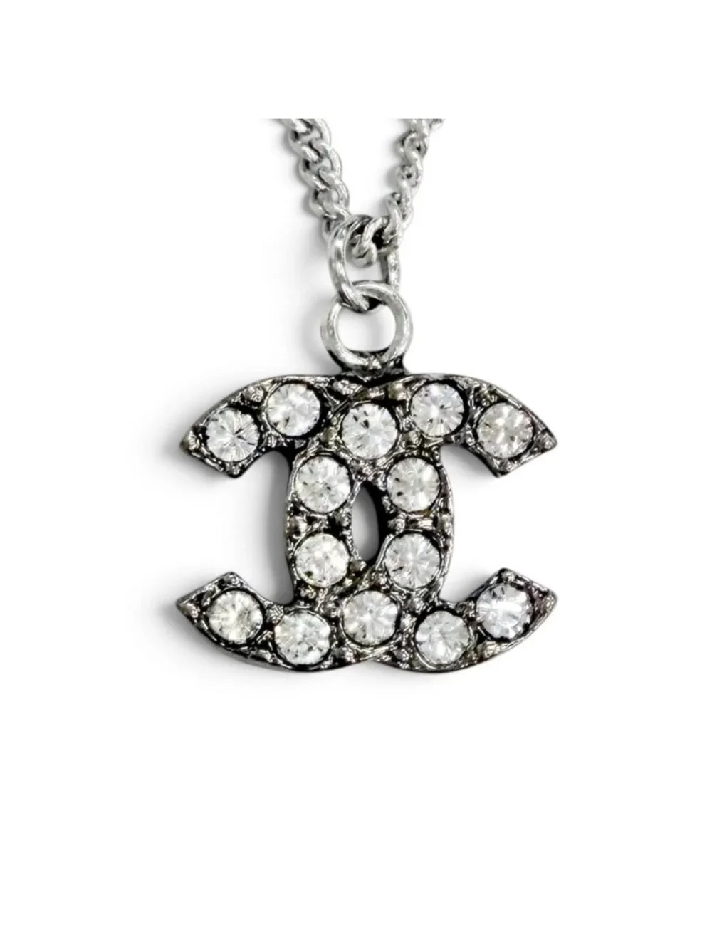 Chanel Vintage CC Logo Rhinestone Necklace Silver